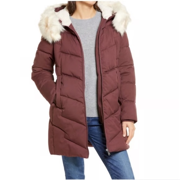 NWT Sam Edelman Quilted Puffer Coat Hooded Parka Faux Fur Trim Burgundy Red - XS